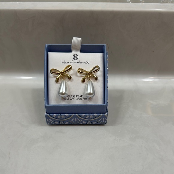 House of Harlow 1960 Jewelry - House of Harlow 1960 Gold and White Bow Earrings Lead Safe and Nickel Free